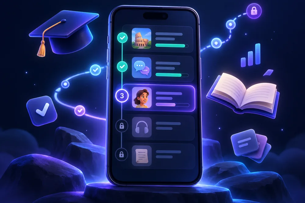 Un smartphone affichant un parcours de leçons avec étapes validées