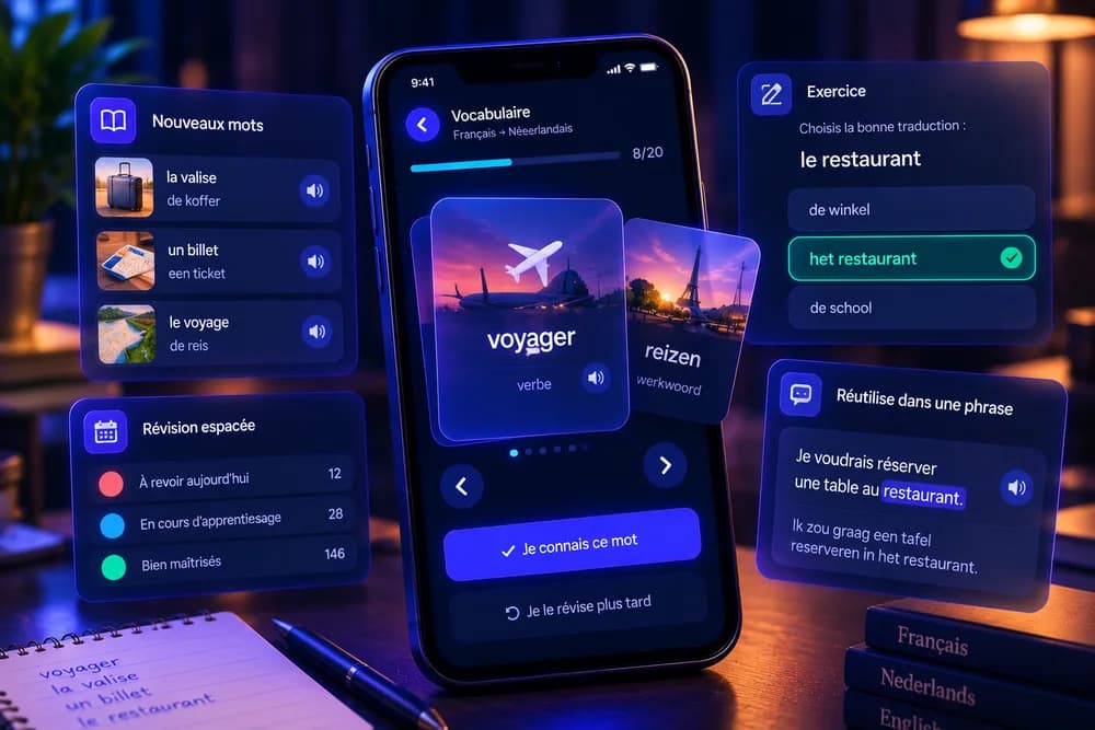 Un smartphone affichant des flashcards de vocabulaire et des révisions