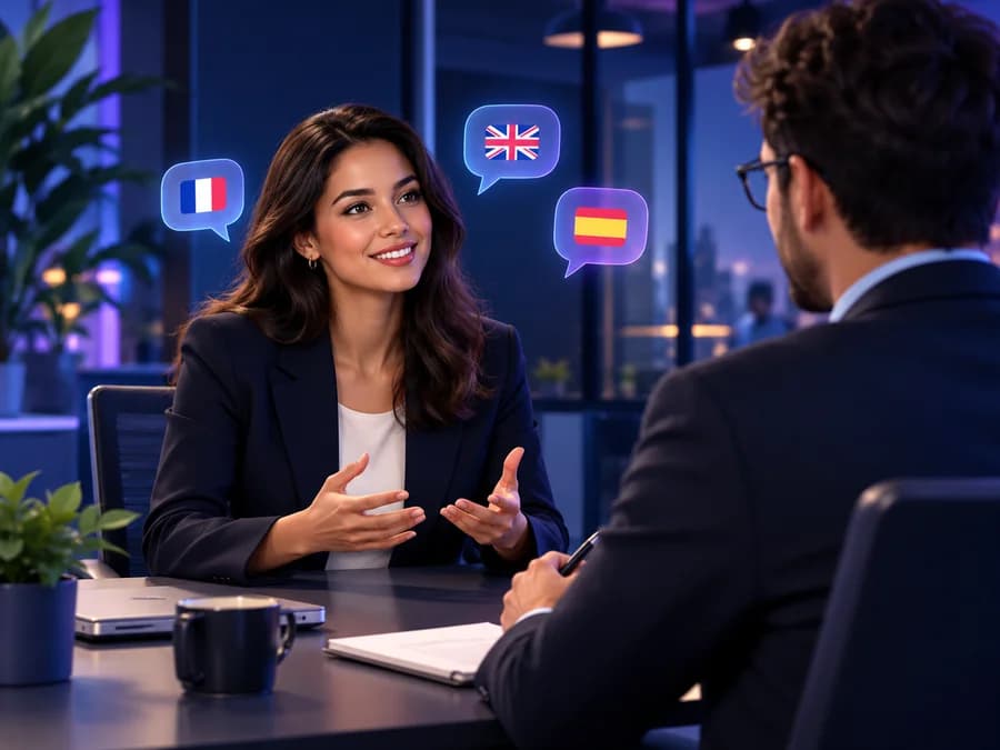 Une collaboratrice échange avec un collègue dans un bureau, avec des bulles de conversation montrant plusieurs langues