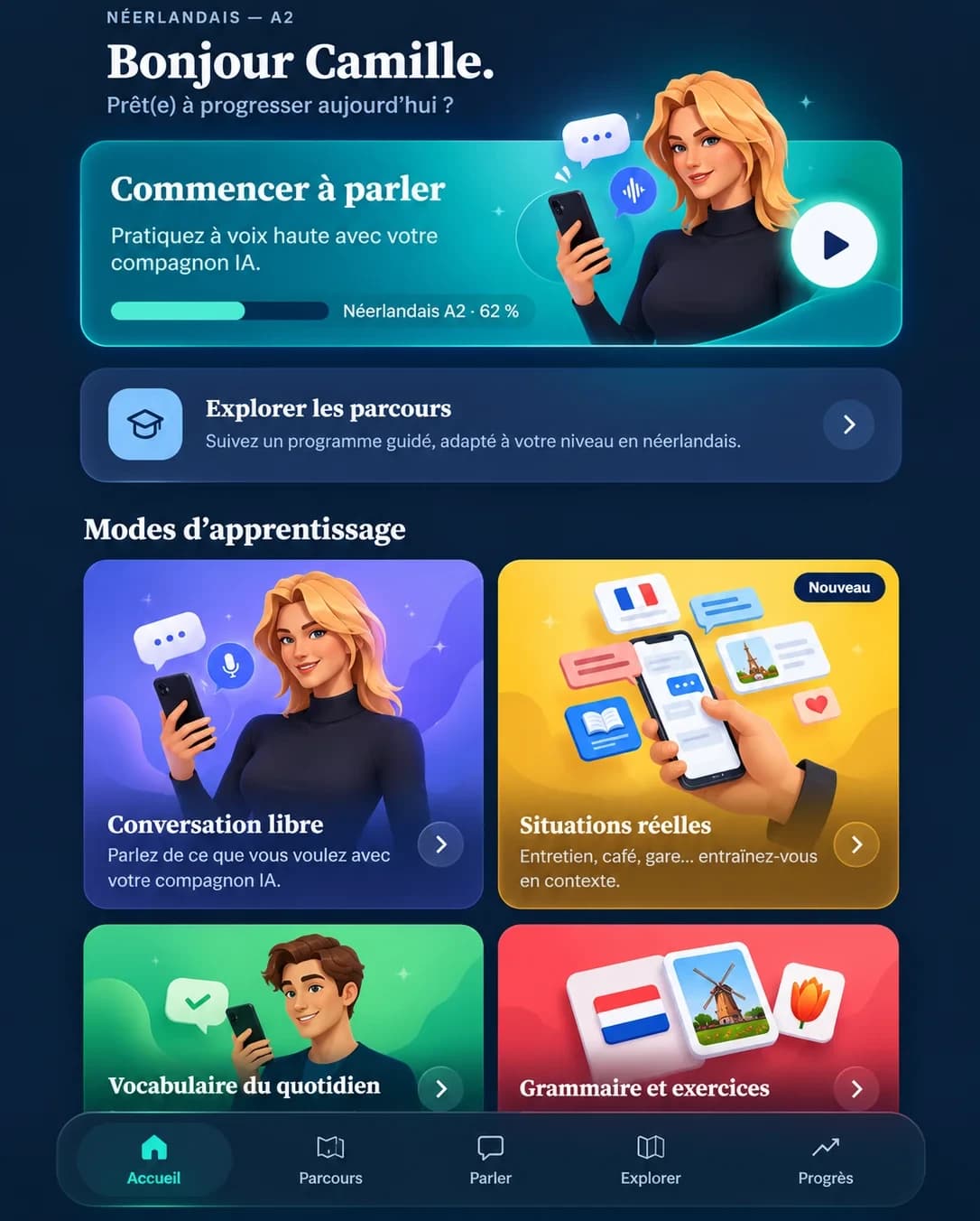 Écran d'accueil de Pracly : commencer à parler avec un compagnon IA, explorer les parcours et choisir un mode d'apprentissage