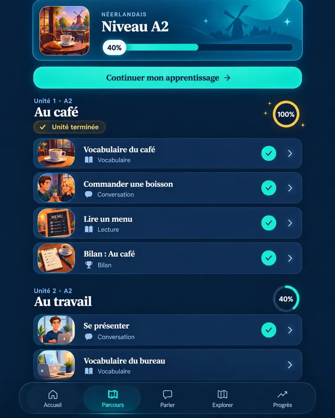 Écran Parcours de Pracly : unités et leçons de néerlandais niveau A2, avec une barre de progression