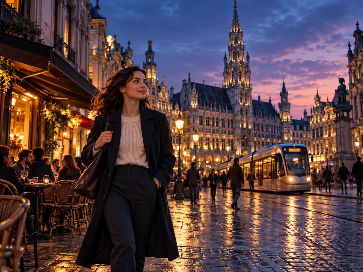 Une femme marchant sur la Grand-Place de Bruxelles au crépuscule
