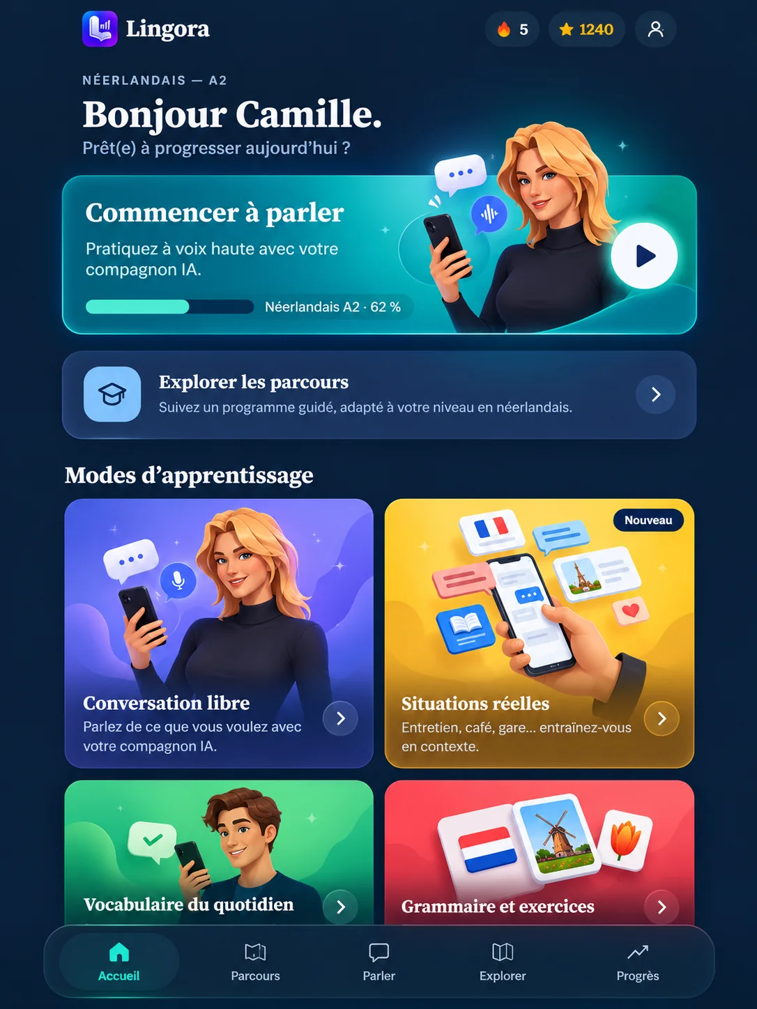 Écran d'accueil de Pracly : commencer à parler avec un compagnon IA, explorer les parcours et choisir un mode d'apprentissage
